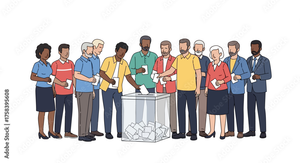 Obraz premium Illustration of diverse people casting votes into a transparent ballot box during an election