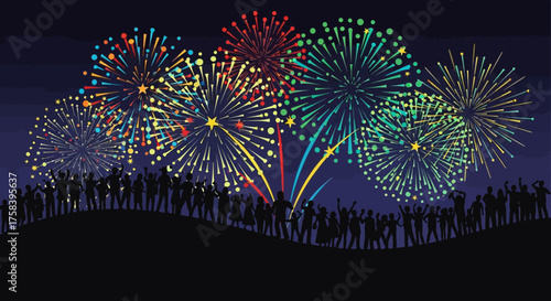 Energetic crowd silhouetted against a breathtaking night sky bursting with vibrant celebratory fireworks