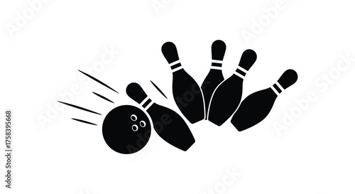 Dynamic black silhouette of a bowling ball striking pins with motion lines in a classic bowling game silhouette