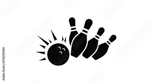 Dynamic bowling ball striking pins in a classic black and white silhouette style for sports and recreation themes