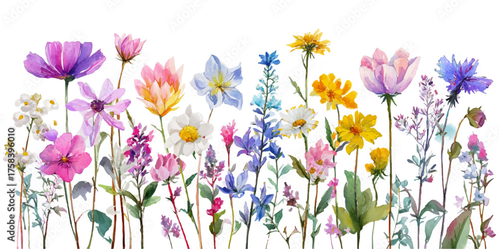 Obraz premium Soft focus watercolor painting of a vibrant meadow of wildflowers in pastel colors