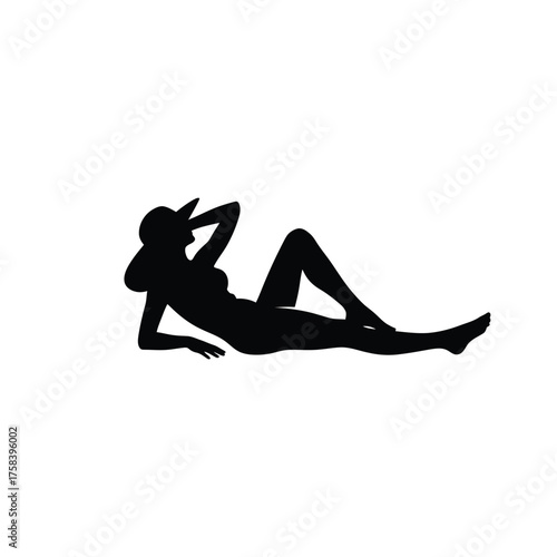 Silhouette of woman wearing hat and lying down with hand behind head on white background