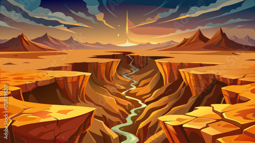 A massive earth fissure cutting through dry desert ground, deep cracks revealing glowing molten layers beneath, dust and heat rising, dramatic geological landscape showing nature’s raw power