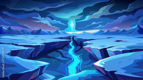 Deep fissure in icy tundra, glowing blue crevasse stretching endlessly, mist rising from cracks, surreal contrast between cold and raw energy beneath the surface