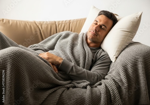 Man resting comfortably on a couch wrapped in a blanket with a pillow