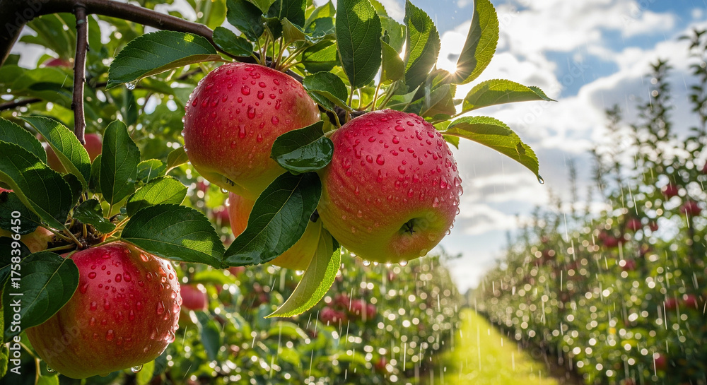 Obraz premium Clusters of apples nestled beneath a partly cloudy sky