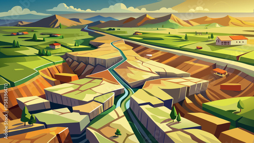 Aerial view of cracked earth after earthquake, roads torn apart, fields divided by long fault line, visual of raw power and geological movement