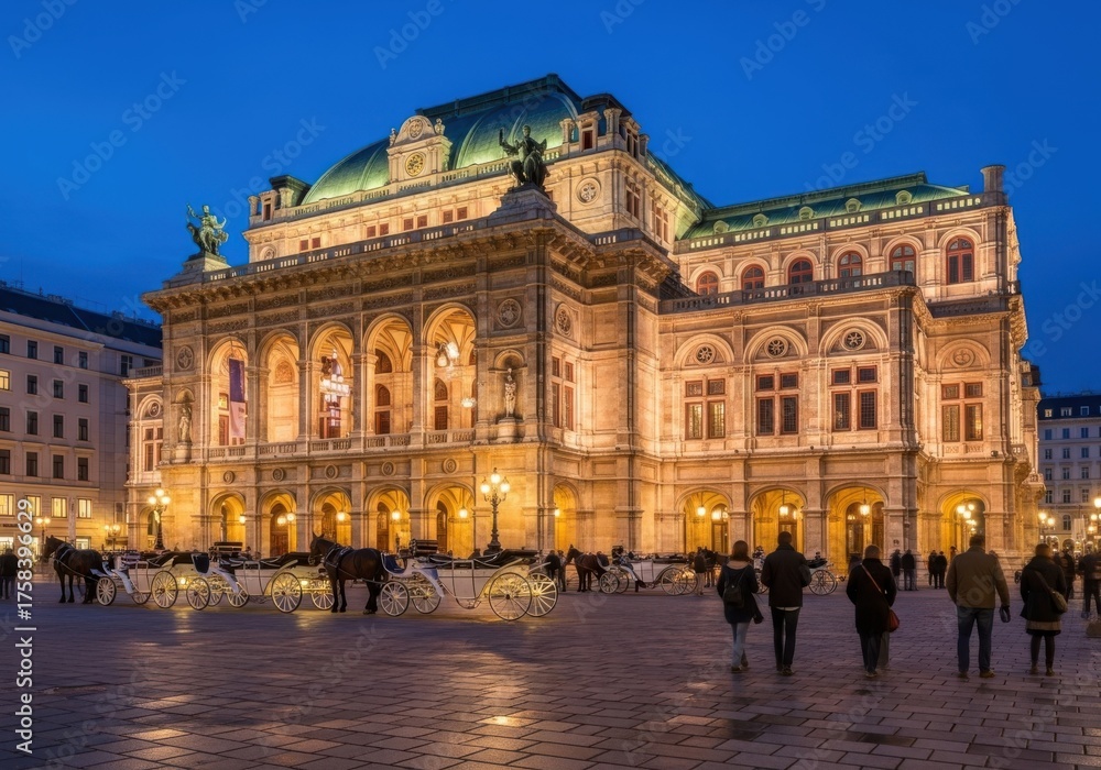 Obraz premium Magnificent vienna state opera building illuminated at dusk with people in the plaza