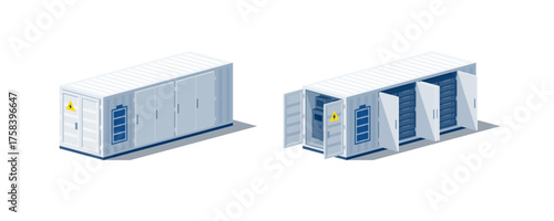 Battery energy storage power bank for renewables. Opened and closed container industry storage system for electricity distribution grid. Racks of batteries modules packs and technology inside.