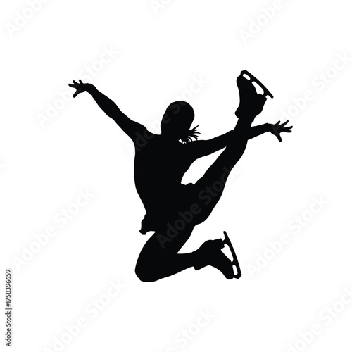 Silhouette of a female figure skater performing a jump with arms outstretched on white background