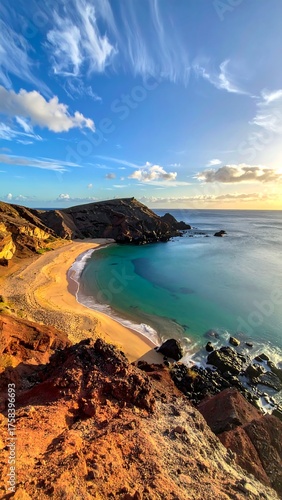 Serene coastal landscape with sandy beach, cliffs, and ocean