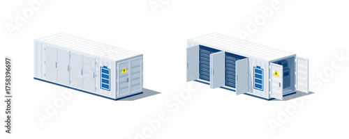 Battery energy storage power bank for renewables. Opened and closed container industry storage system for electricity distribution grid. Racks of batteries modules packs and technology inside.