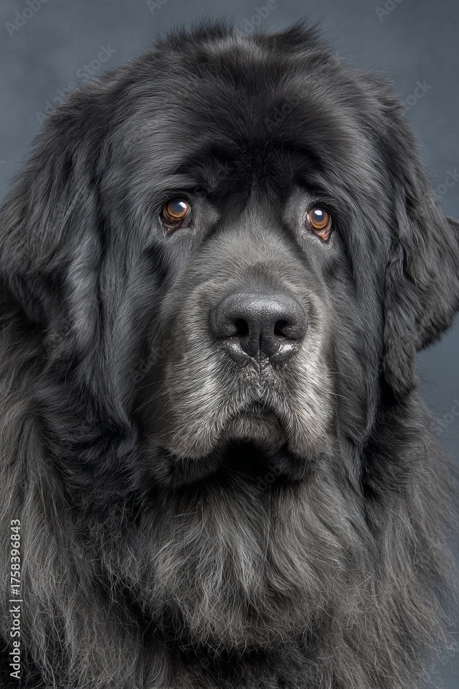 Fototapeta premium Charming Newfoundland Dog Portrait with Gentle Gaze and Expressive Eyes Against Gray Background