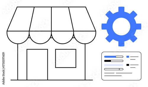 Shop awning with a gear and a data interface highlighting optimization, analytics, and settings. Ideal for small business, retail, e-commerce, marketing, process management, automation simple flat