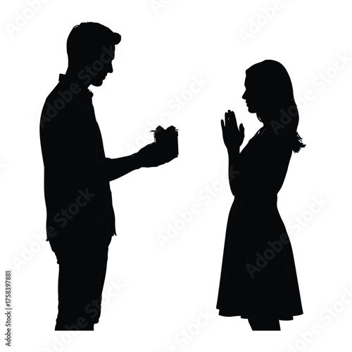 Silhouette of a man presenting a gift to a woman with hands raised in anticipation or surprise