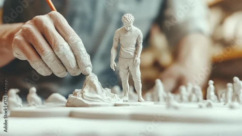A person sculpts miniature figures from clay, creating a world in miniature. An artisan uses tools