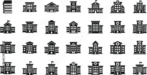 Collection of twenty four black silhouette building icons representing various architectural styles and government institutions isolated on transparent background