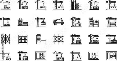 Collection of construction site icons including cranes buildings scaffolding and blueprints isolated on transparent background