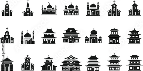 Collection of silhouetted religious buildings and architectural structures isolated on transparent background