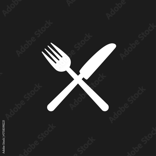 Crossed Fork and Knife Icon on Black Background Representing Dining and Restaurant Service