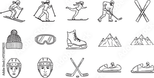 Winter Sports and Mountain Icons Collection with Skiing Skating Hockey and Snowboarding Equipment Keywords: winter sports, skiing, ice skating, hockey, snowboarding, also transparent background