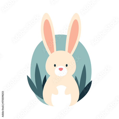 A cute fluffy bunny rabbit sitting among green foliage in a spring garden.