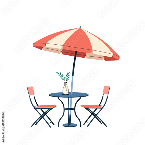 A charming outdoor cafe table with two chairs and a striped umbrella offering shade.
