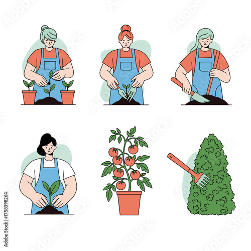 Illustrations showing people gardening planting and caring for plants and shrubs.