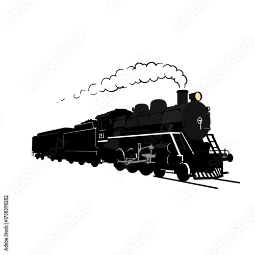 Vintage Steam Locomotive Silhouette Illustration with Puffing Smoke, Classic Railroad Transportation Graphic.