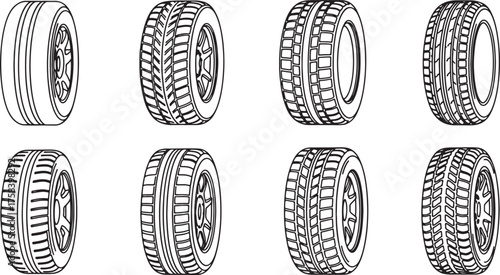 Set of Car Tire Tread Patterns and Wheel Icons in Outline Style Keywords: tire, wheel, car, automobile, vehicle, tread, pattern, rubber, rim, automotive, transport, also transparent background