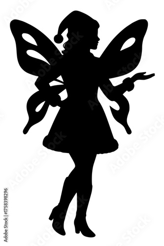Fairy in Christmas Costume with Butterfly Wings, Silhouette of a Festive Fairy