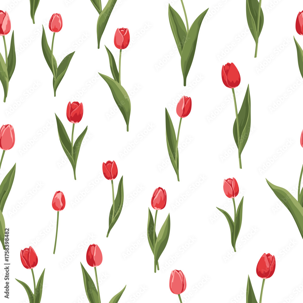 Obraz premium A seamless pattern of delicate red tulips with green leaves on a white background.