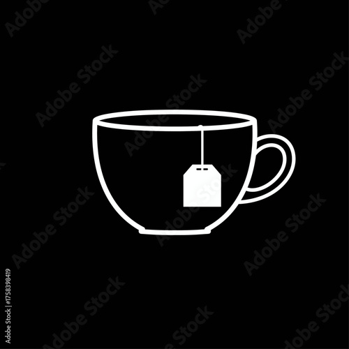 White outline icon of a teacup with a submerged tea bag against a black background.