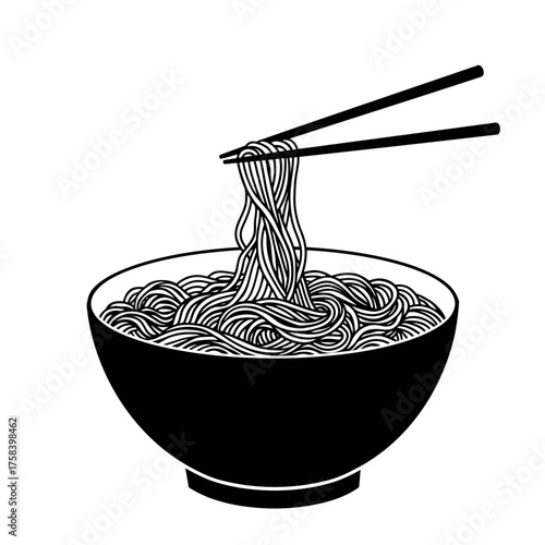 Black and white illustration of chopsticks picking up Asian noodles from a ramen bowl.