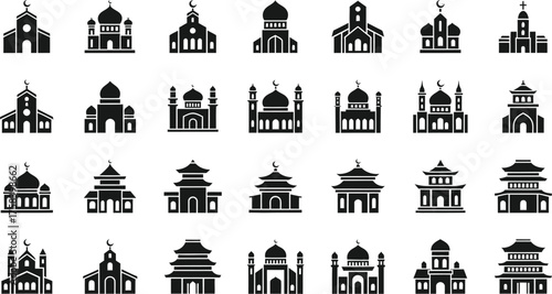 Collection of diverse religious building icons representing churches temples and mosques isolated on transparent background