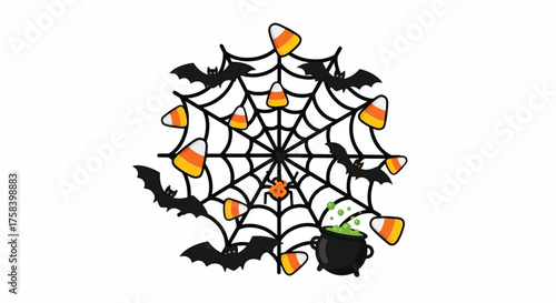 A halloween-themed illustration of a spider web with candy corn, bats, and a cauldron on a white background.