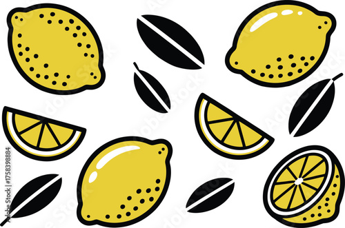 Bright yellow lemons and slices pop with vibrant energy on white