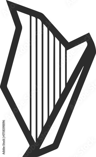 Harp icon in the form of a logo with straight lines and sharp corners, harp icon in black color.