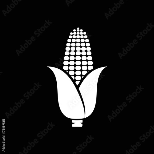 White Corn Cob or Maize Icon with Husk on a Solid Black Background