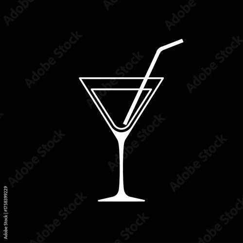 Minimalist White Cocktail Martini Glass Icon with Straw on Black Background