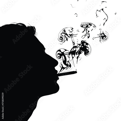 Silhouette of a person smoking with smoke swirling in the air in a black and white image