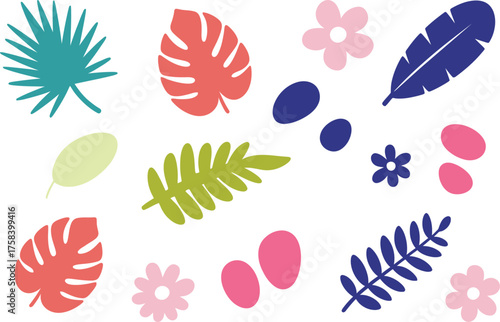 Vibrant tropical leaves and flowers create a playful, modern pattern for summer designs.