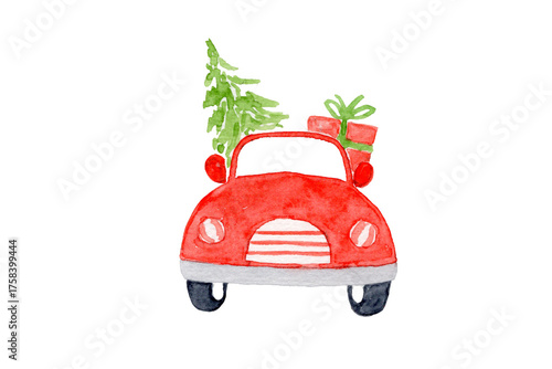 Watercolor red car with Christmas tree and gift  for holiday greeting card design element Sublimation Design