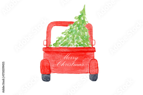 Watercolor illustration of a red pickup truck carrying a Christmas tree for holiday season Sublimation Design