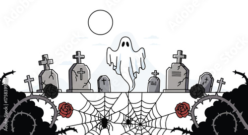 A ghost stands amidst gravestones and spider webs on a spooky Halloween night with a full moon shining above.