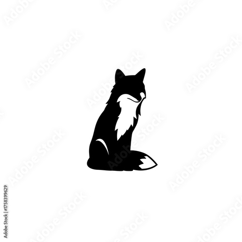 Minimalist black and white silhouette icon of a sitting fox.