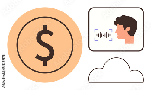 Dollar sign, face with sound waves in speech detection frame, cloud icon below. Ideal for voice commerce, fintech, cloud technology, AI, payments communication innovation. Simple flat metaphor