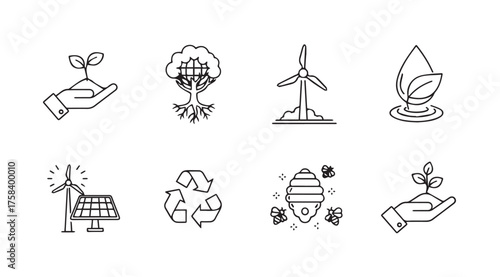 Eco-friendly icons set renewable energy sustainability green technology concepts hand drawn style vector
