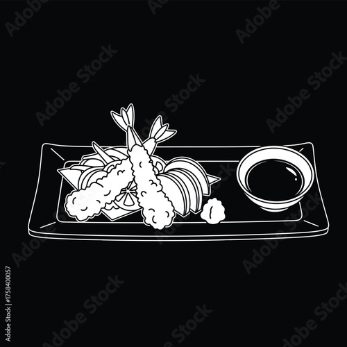 Outline drawing of tempura shrimp with dipping sauce on a rectangular plate on black background silhouette