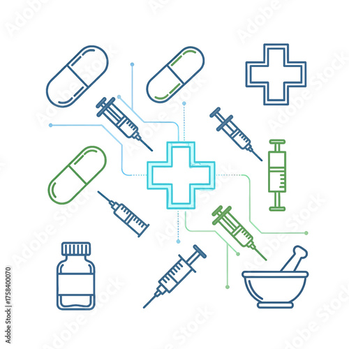 Modern Pharmacy Line Icons Vector Set – Minimal Medical and Healthcare Symbols